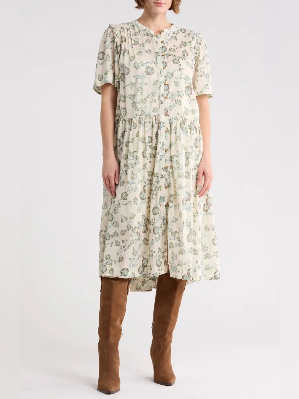 Free People Sage Green Floral Tiered Midi Dress - Sample